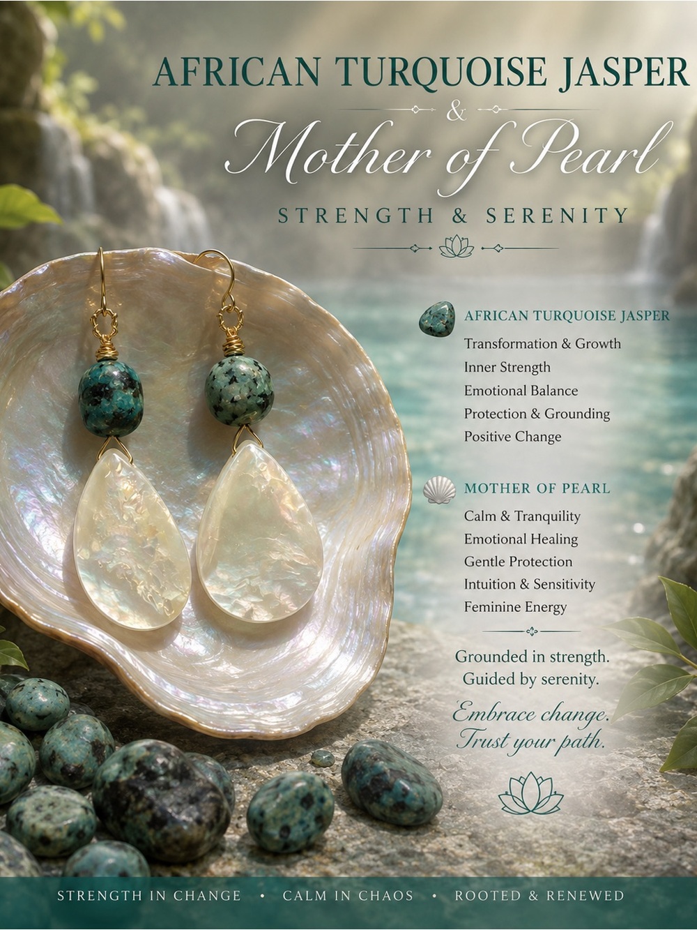 African Turquoise Jasper & Mother of Pearl Teardrop Earrings - Green and White